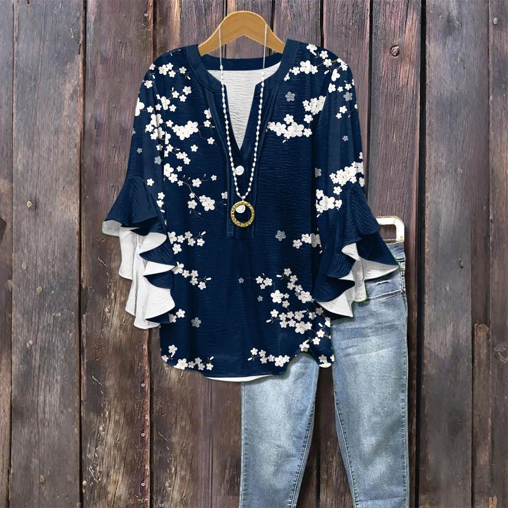 Modă Femei Casual Buton Gât V Mânecă Șapte Bluză Top Imprimeu Vintage