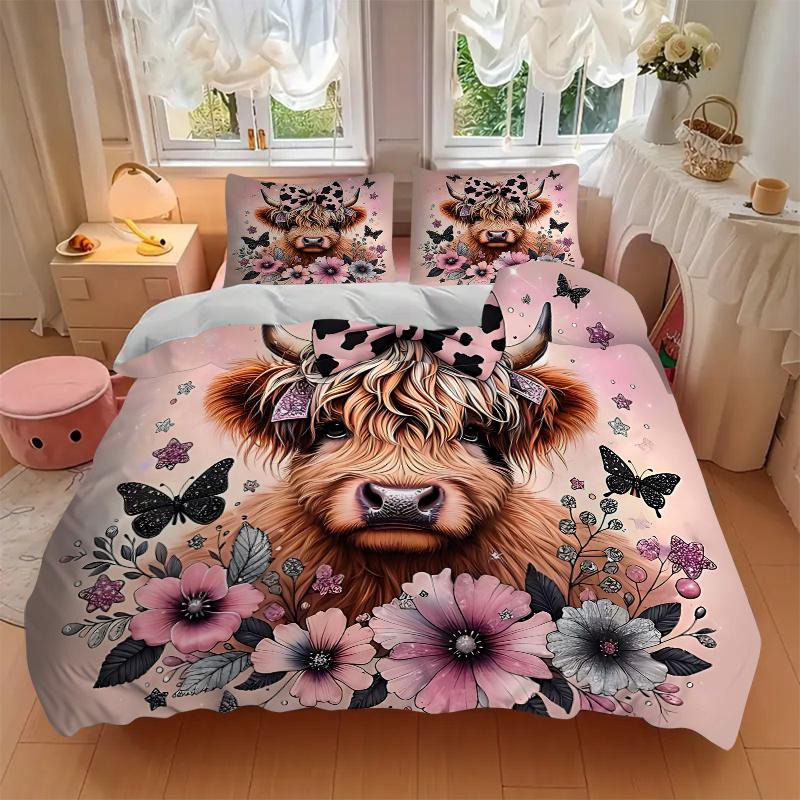 3pcs Domineering Cow & Flower Design Pattern Bedding Set, 1* Cover + 2*Pillowcases, Printed Bedding Set, Soft and ComfortableM051