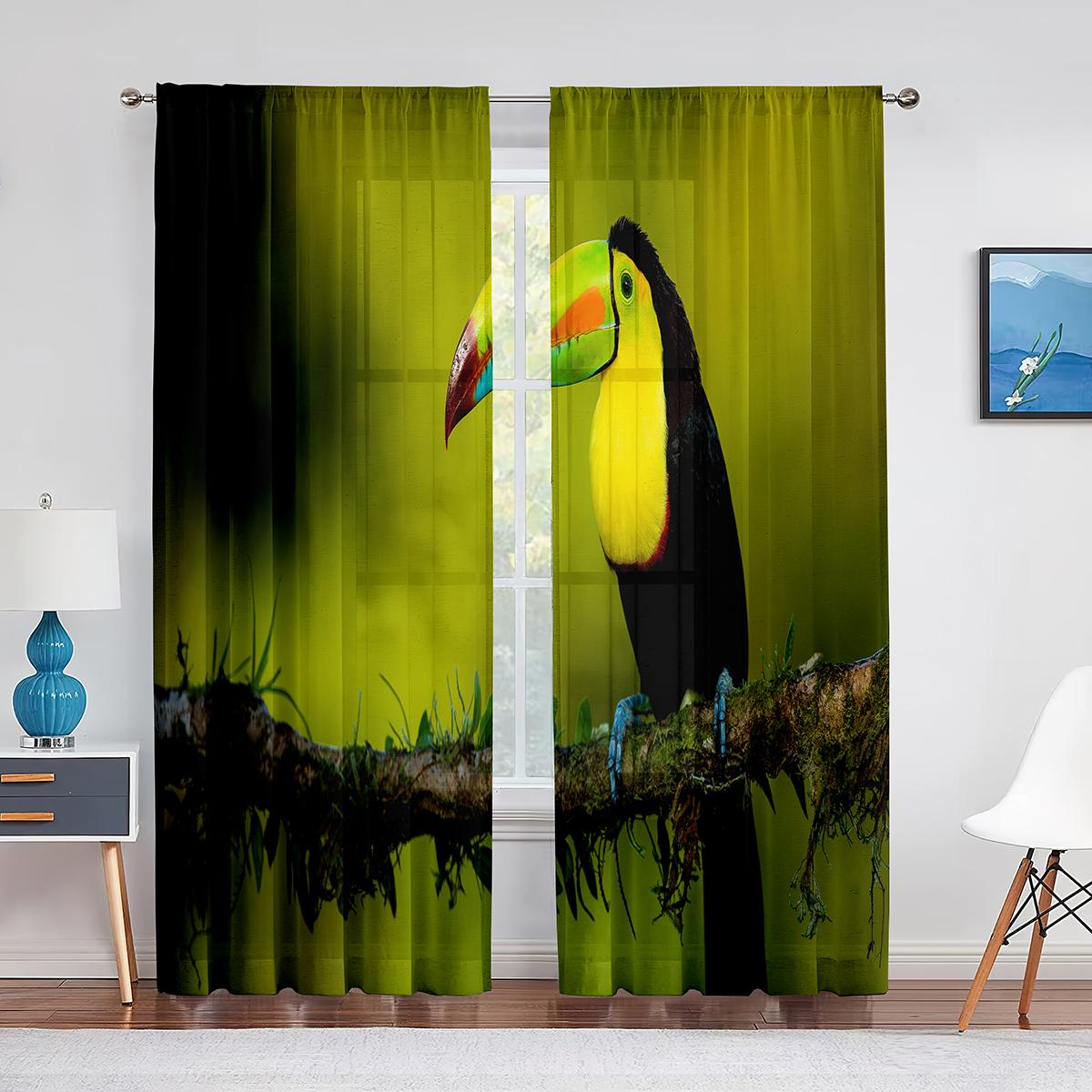 Rideaux en voile transparent avec motif d'oiseaux tropicaux, toucan, palmier, feuille d'océan, pour cuisine, salon, chambre à coucher, rideaux en tulle, traitement de fenêtre 1 PCS W150XH250cm&Grommet Top