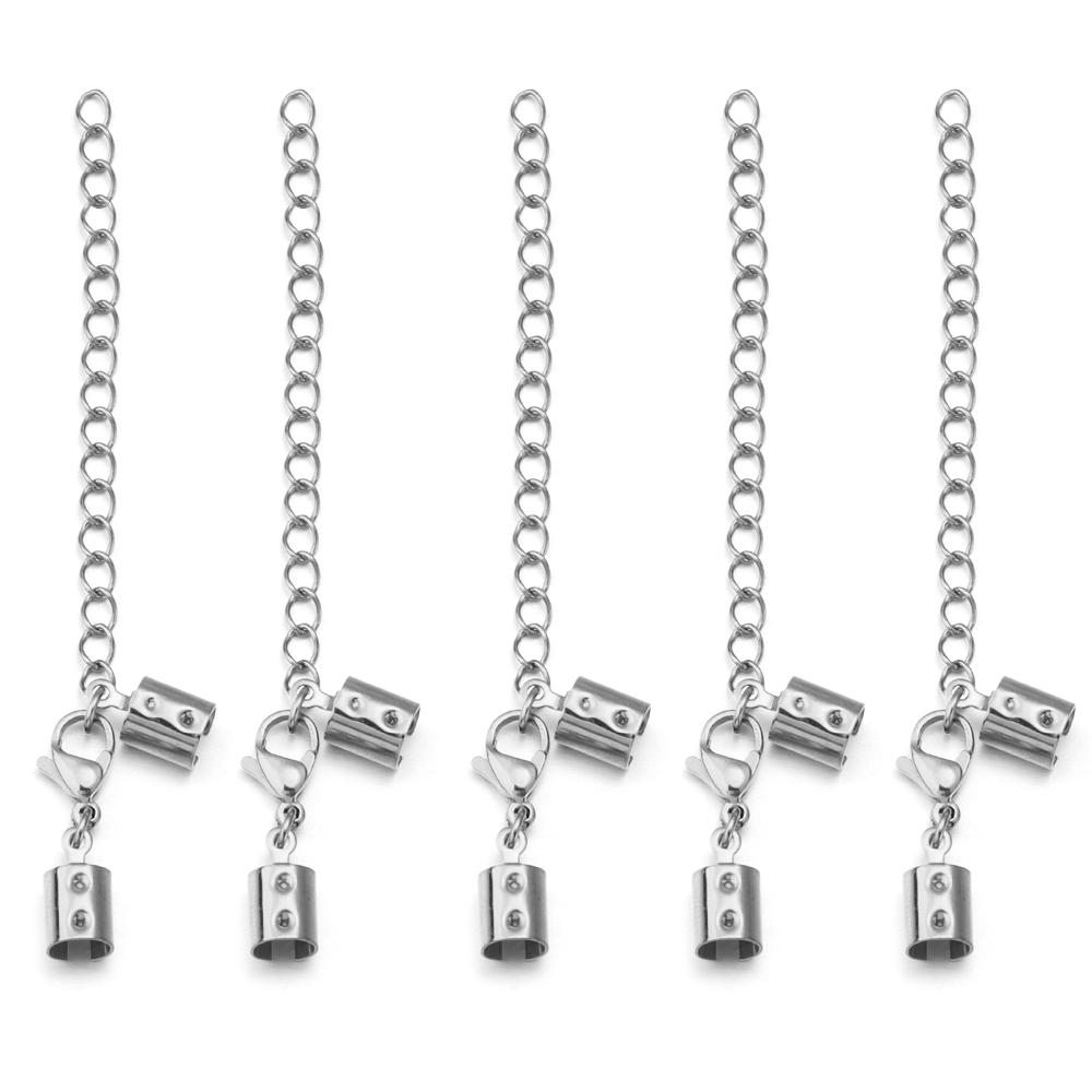 5sets Stainless Steel Leather Cord Clips End Caps With Lobster Clasp Extension Chain Connectors For DIY Jewelry Making Findings