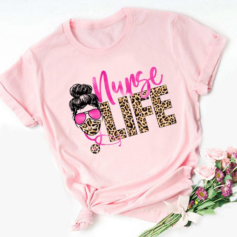 Krankenschwester Leben Leopard Totenkopf Druck Damen T-Shirt Kurzarm O-Ausschnitt Locker Damen T-Shirt Damen T-Shirt Tops Camisetas Mujer