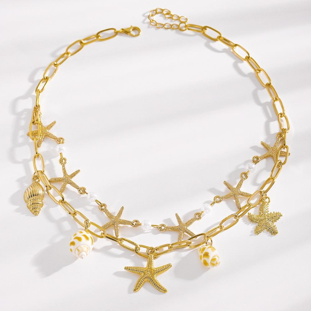 Bohemia Starfish Conch Pearl Beaded Choker Layered Necklace for Women Imitation Pearls Dolphin Summer Beach Vacation Jewelry