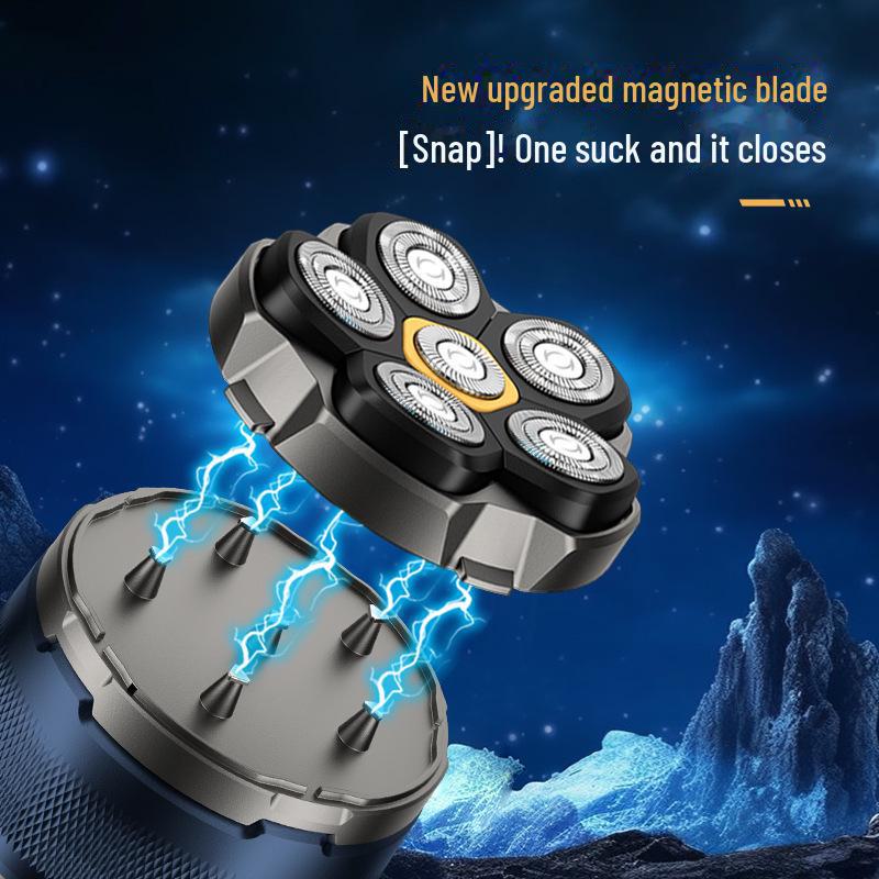 Magnetic Six-Blade Digital Balding Shaver, Fully Washable for Self-Use
