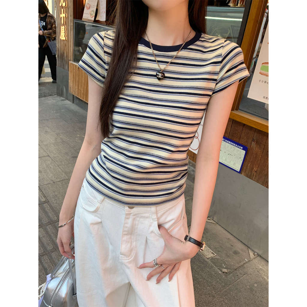 Striped Colorblock Slim Fit Cotton Short Sleeve T Shirt For Summer Casual Wear