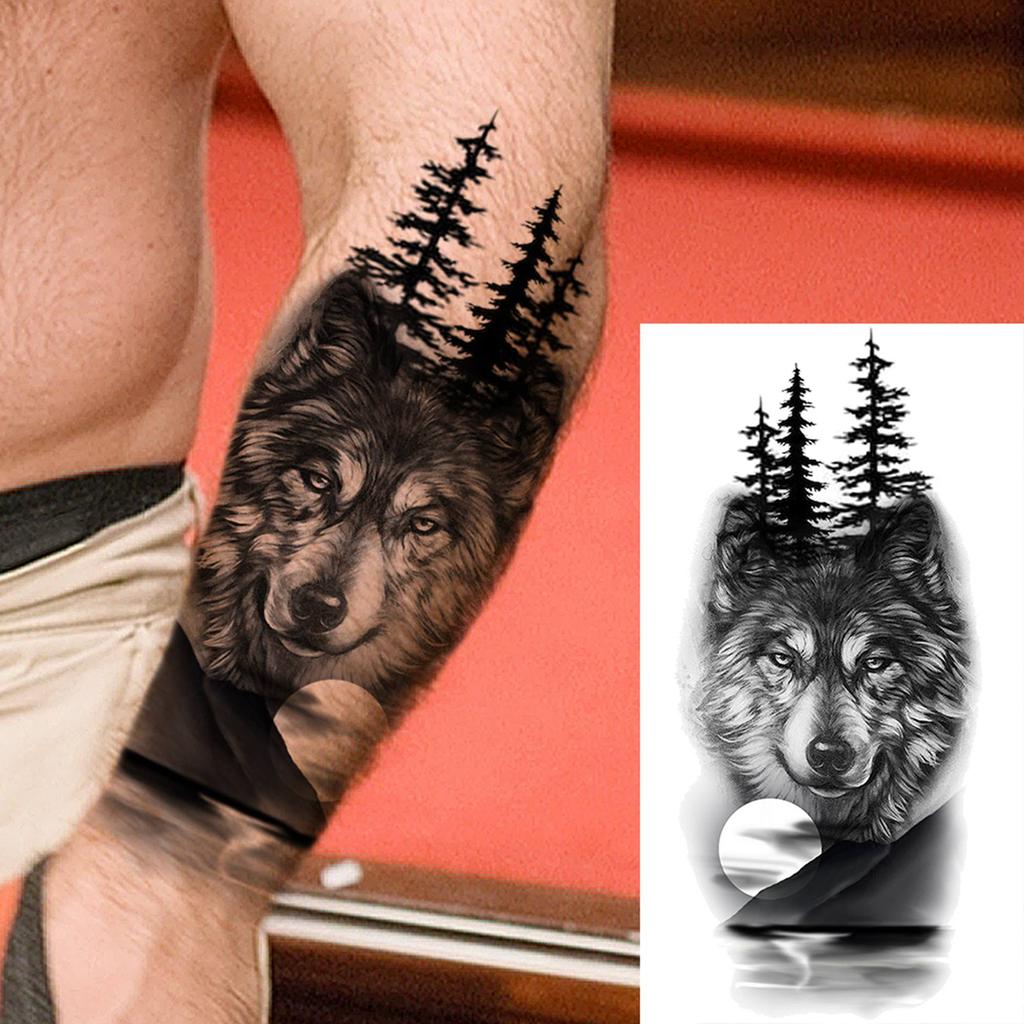 1 Sheet Lion Wolf Skeleton Nun Tiger Black Temporary Tattoos For Men Adult Leg Arm Compass Flower Fake Tattoo Sticker Waterproof