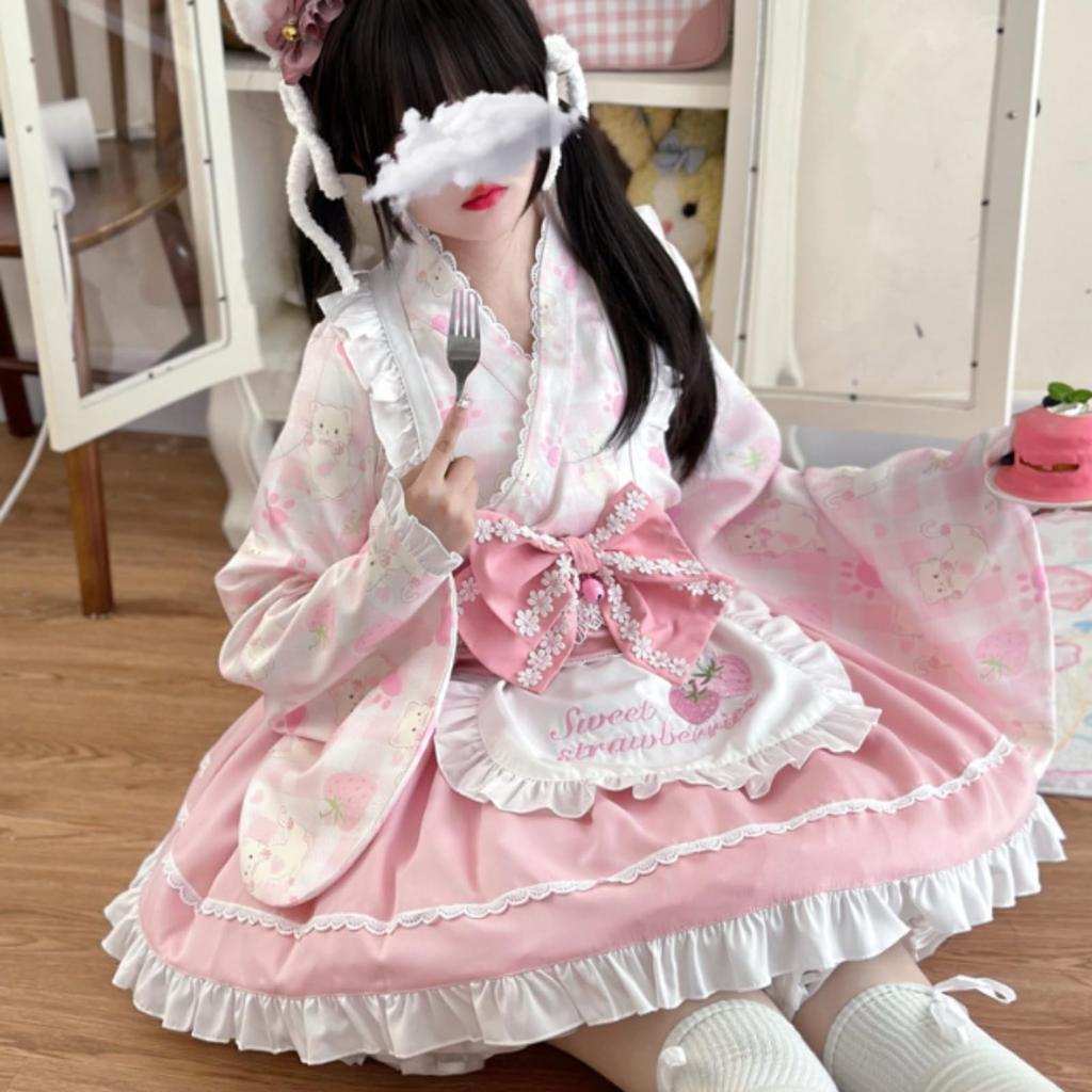 Uccellino Maid Outfit with Moe Lolita Kimono Apron with Gothic Strawberry Halloween Cosplay Japanese-Style Sleeves, Ribbon, Design, (Blue, L)
