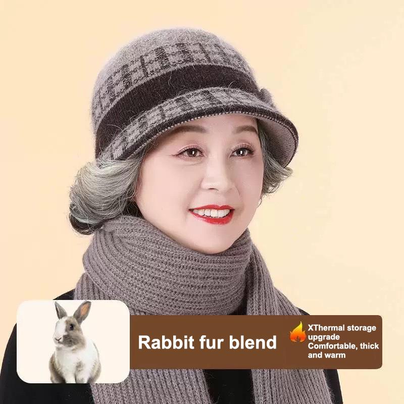 Fashion Outdoor Thickened Fleece Knitted Hat Winter Rabbit Fur Baseball Cap Warm Bow Basin Cap For Middle-Aged And Elderly