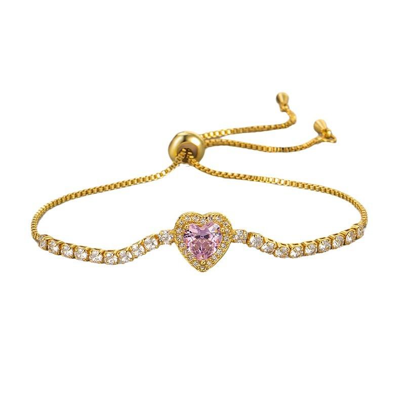 Pink Heart Zircon Adjustable Bracelet Light Luxury Elegant Fashion Bangle For Women Daily Commute Jewelry Gift