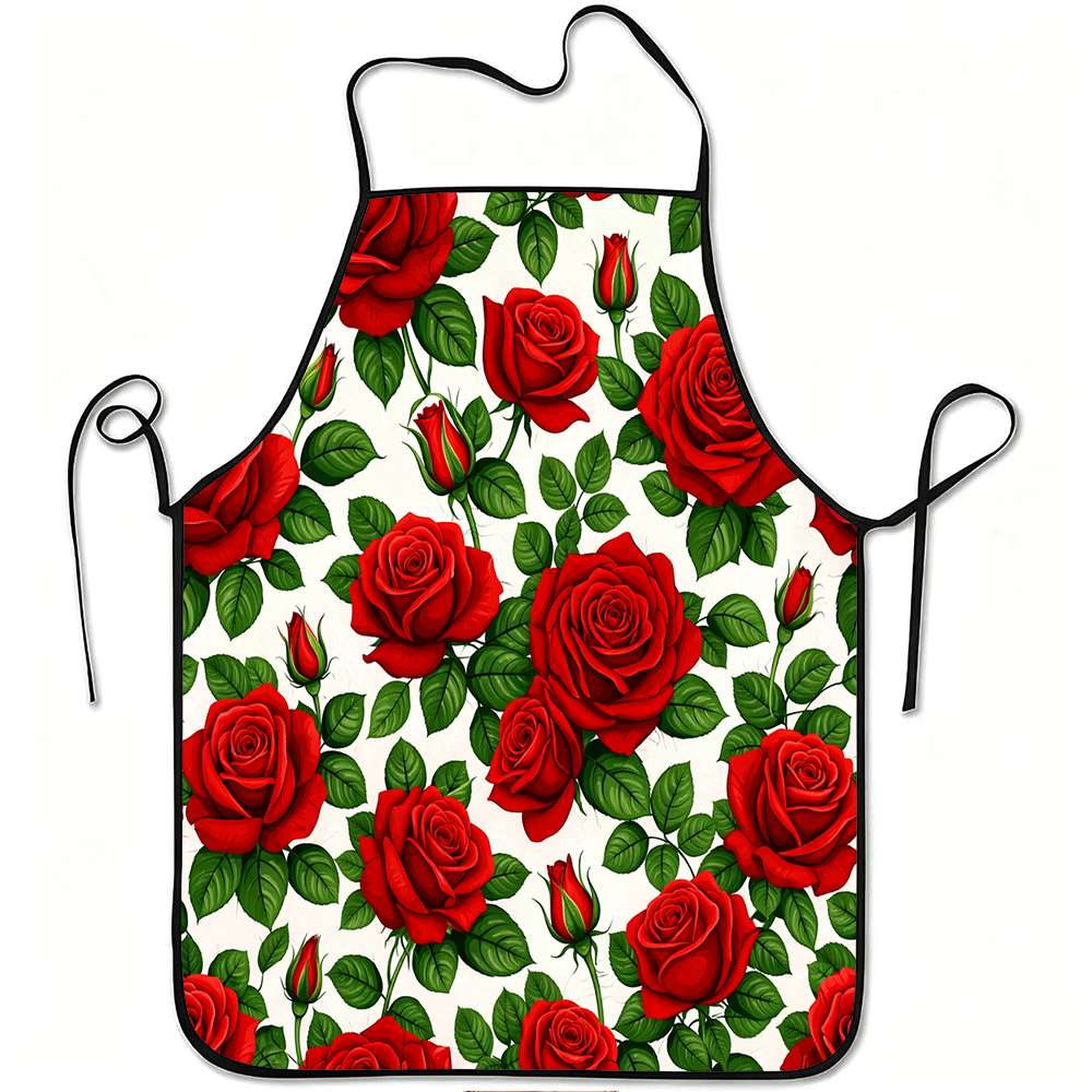 1pc Red Roses Floral Print Apron, Durable And Easy To Clean, Adjustable Waistband, Polyester Material, for Kitchen Cooking, Gardening, Orchard Picking