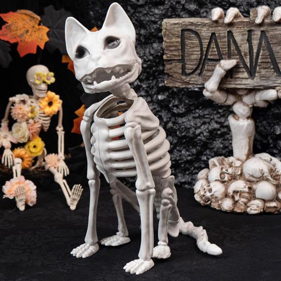 Kostra Kočky Halloweenská Dekorace Strašidelná Sedící Kostra Kočky Figurka Plastové Zvířecí Kosti s Pohyblivými Klouby pro Hřbitovní Scénu Strašidelné Domy