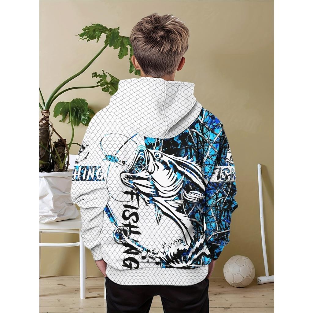 Boy's fishing and fishing net creative fashion top casual long sleeved hooded sweatshirt suitable