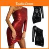 Womens Evening Party Skirt Sexy Single Sleeve Club Dress With Sparkling Night Sequin Shoulder