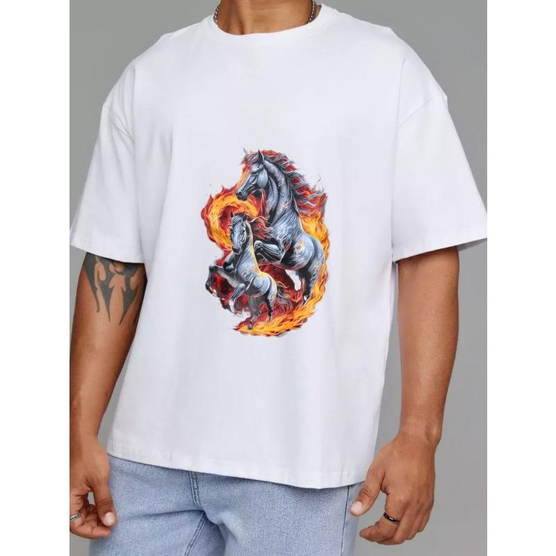Wit T-shirt met Paard- en Vuurdesign voor Casual Kleding
