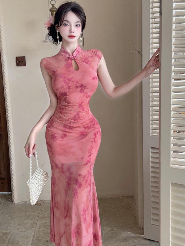 Reálná fotografie 9434 Sexy síťované patchworkové šaty Cheongsam do nočního klubu