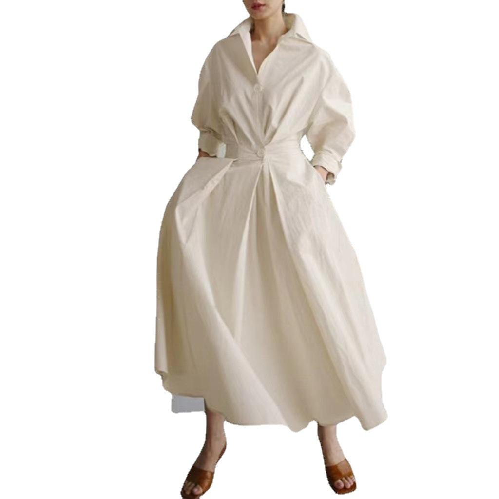 Chic Commute Cotton-Linen Swing Dress with Turn-Down/Polo Collar & Elastic Waist