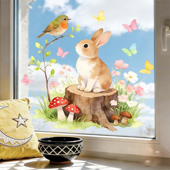 Adesivo per Finestra Design Uccello Coniglio, Decalcomania in Vetro Impermeabile ad Aderenza Elettrostatica per Soggiorno Camera da Letto Ingresso Decorazione Casa