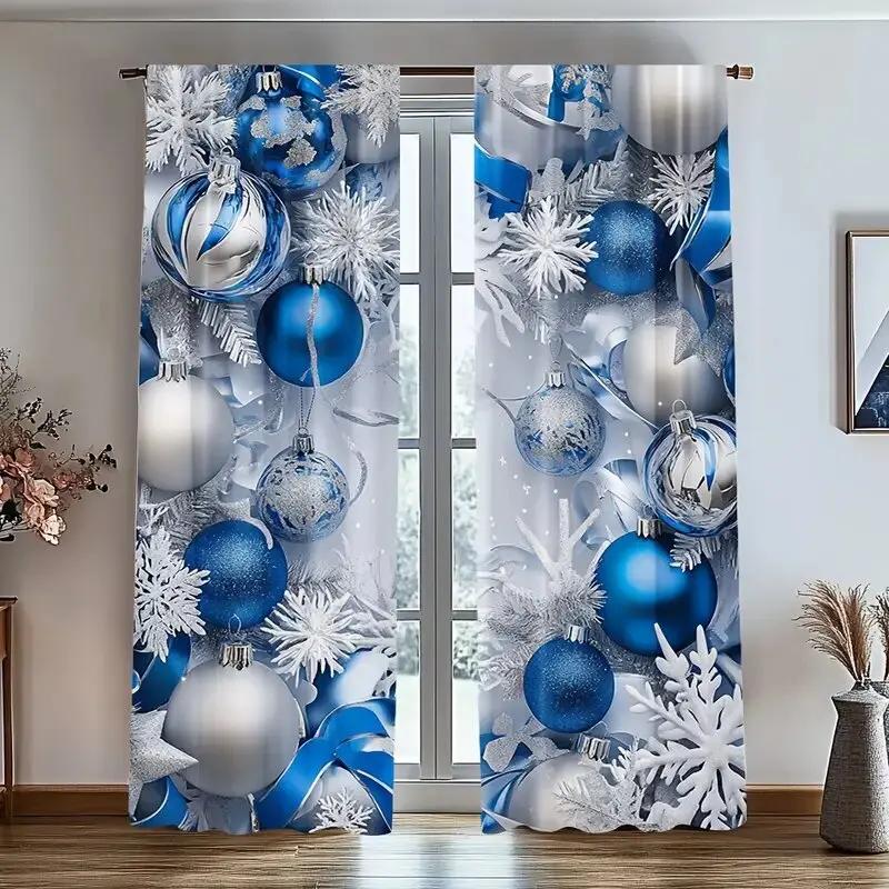 2pcs Elegant Blue Silver Christmas Ornament & Snowflake Pattern Curtains, Designed for Light Blocking, Premium Material, Suitabl