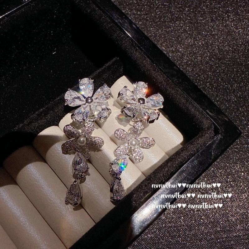 Vintage Floral Drop Earrings With Cubic Zirconia Pearl Beads Post Retro Bohemian Jewelry Women