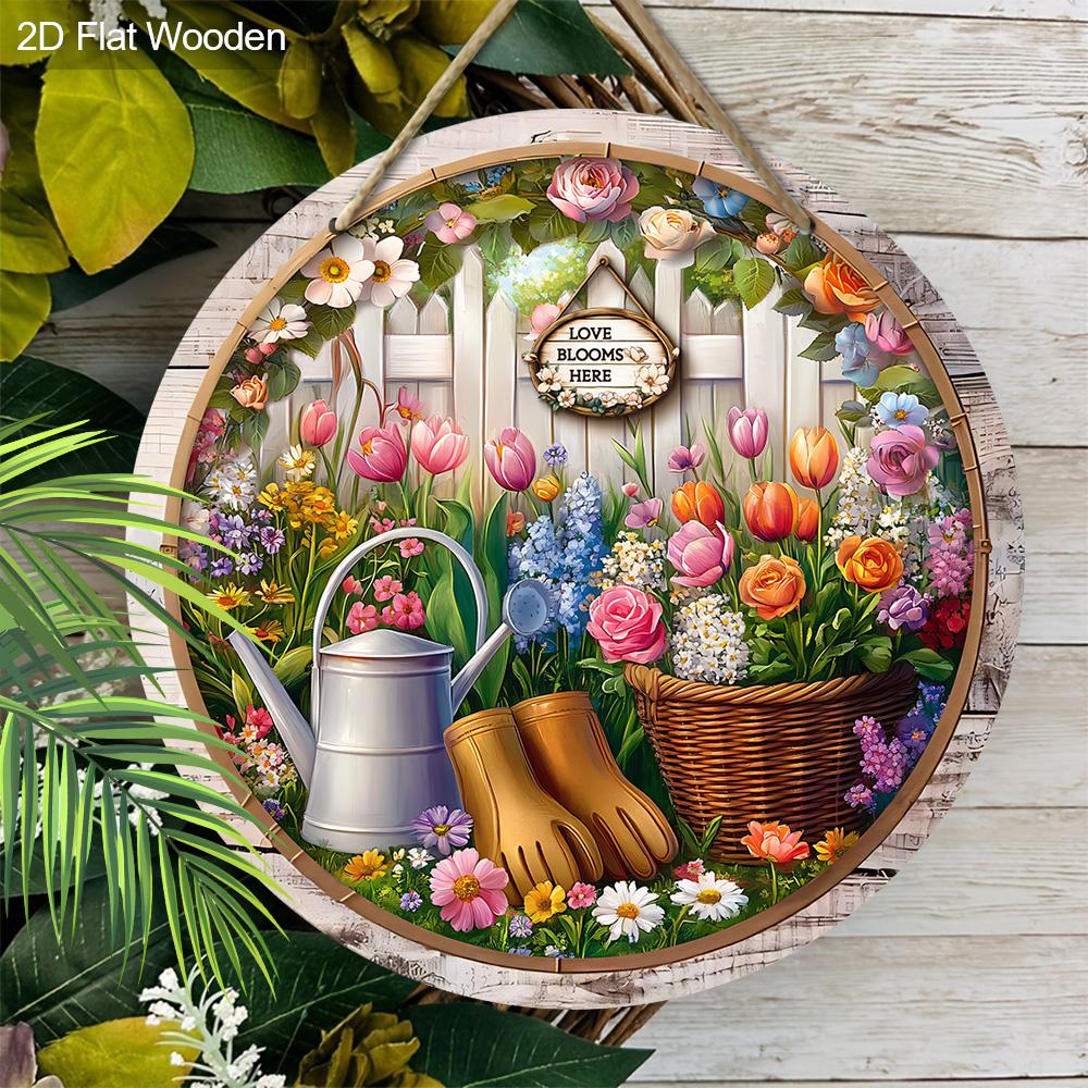 Wooden Sign with Blooming Flowers Pattern - Charming Round Ornament for Front Door, Wall, Yard Hanging Decor - Ideal Gift for Friend