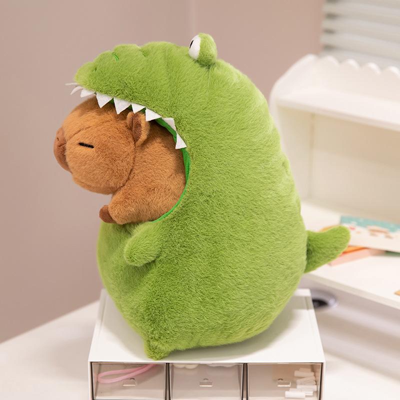 New Capybara With Wearable Green Dinosaur Crocodile Plush Toy Kawaii Plushie Soft Simulation Capibara Fluffty Stuffed Animal Toy