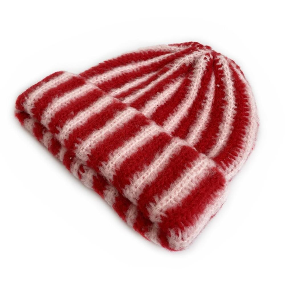 Color Blocked Ribbed Knit Cap Thick Warm Hat Brimless Striped Beanie Hat  Outdoor