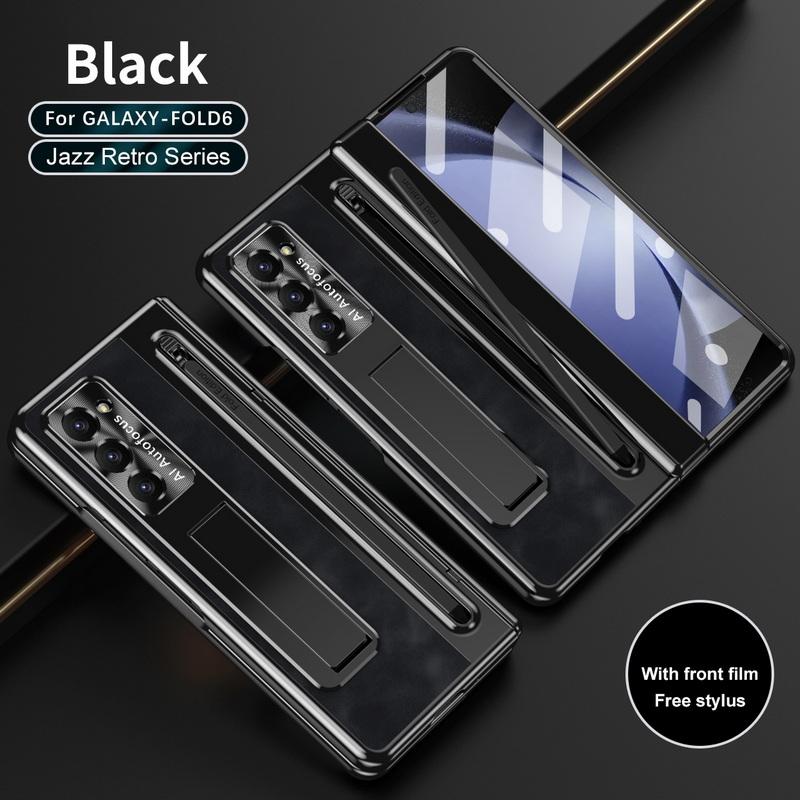 

С стилусом закаленное стекло кожаный чехол для телефона Samsung Z Fold6 Fold5 Fold4 все включено складная подставка ударопрочный жесткий ПК 3 шт складной чехол Samsung Z Fold6 чёрный