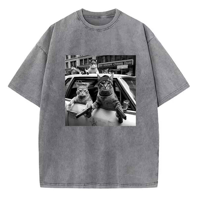 Streetwear Cat T Shirt Vintage Washed Cotton T-Shirt Hip Hop Graphic Tee Casual Streetwear Spring Summer