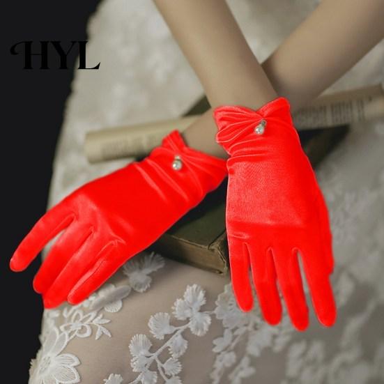 Wedding Bridal Gloves 1 Pair Faux Pearls Decor Shirring Cuffs Solid Color Elegant Short Wrist Satin