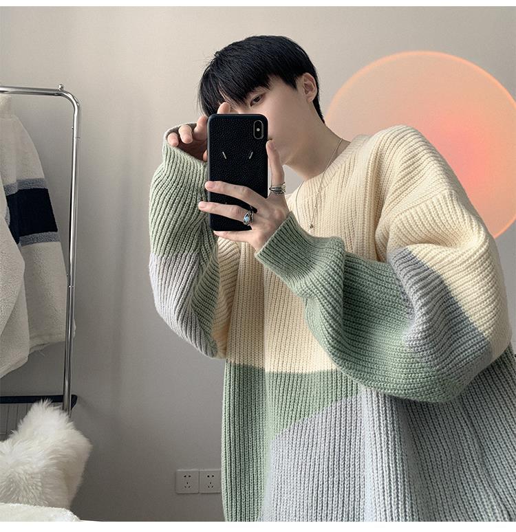 Autumn Winter New Men Sweater Black White Block Jacquard Streetwear Men Tie Dye Casual Pullover Harajuku High Street Top