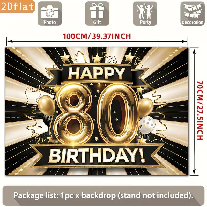 2D 80th Birthday Decoration Backdrop Black Gold Happy 80 Birthday Banner Photo Booth Background for Party Supplies