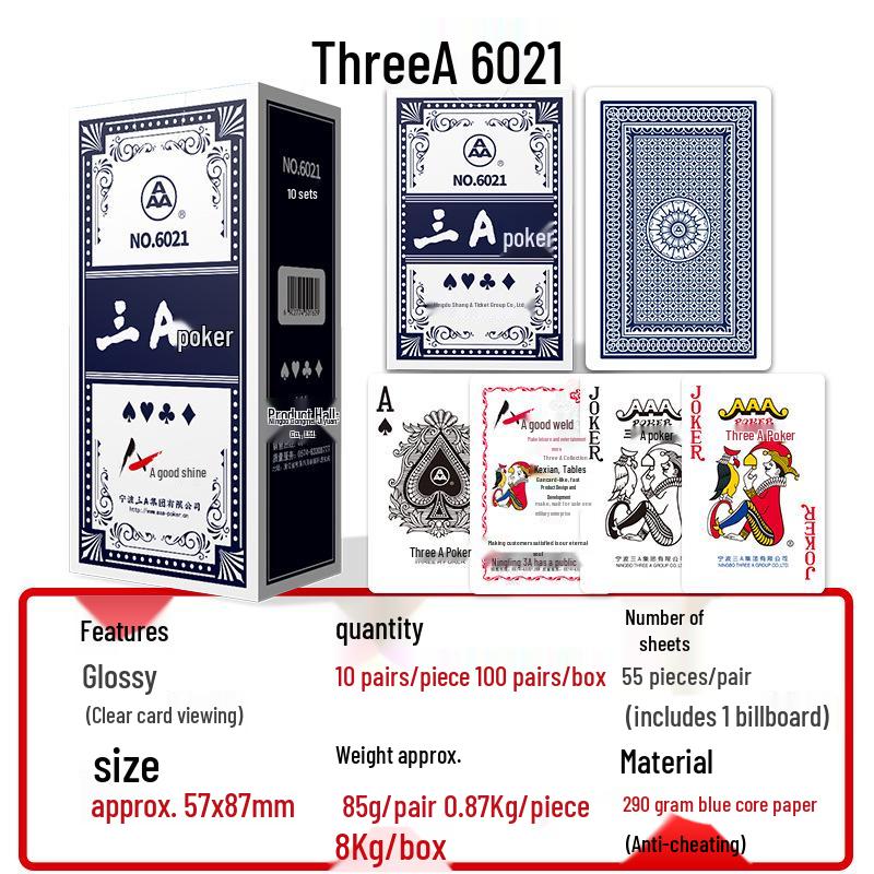 

Three A Poker Anti-Cheat Bridge Cards, Thickened Blue Core, Model 6021. 100 Decks