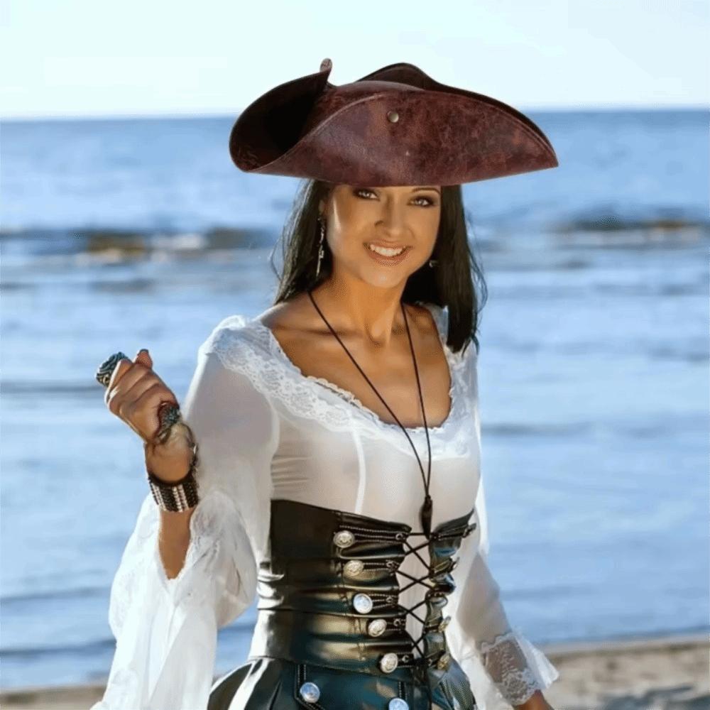 Triangular Captain Tricorn Hat PU Leather Masquerade Party Cosplay Hat  Performance