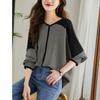 Women Striped T-Shirt Korean Fashion Lantern Long Sleeve Autumn V-Neck Patchwork Blouse Casual Loose Tee Tops