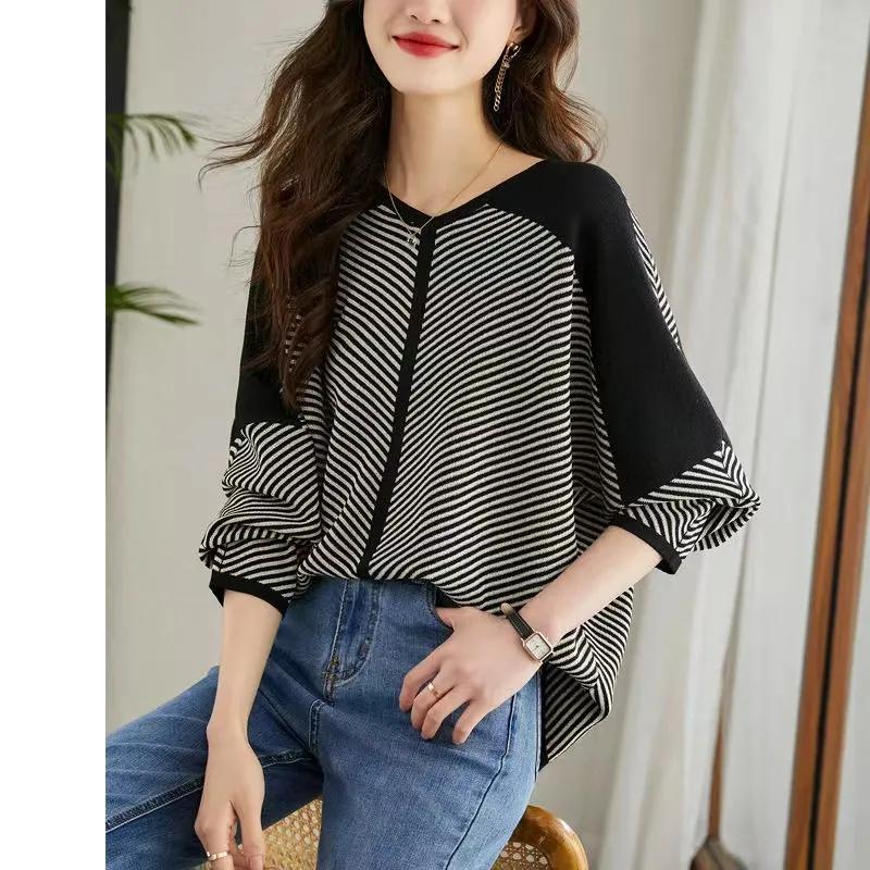 Women Striped T-Shirt Korean Fashion Lantern Long Sleeve Autumn V-Neck Patchwork Blouse Casual Loose Tee Tops