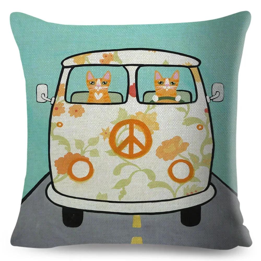 Cartoon Driving Car Cat Cushion Cover Decor Cute Pet Animal Pillowcase Polyester Pillow Case for Sofa Home Children Room
