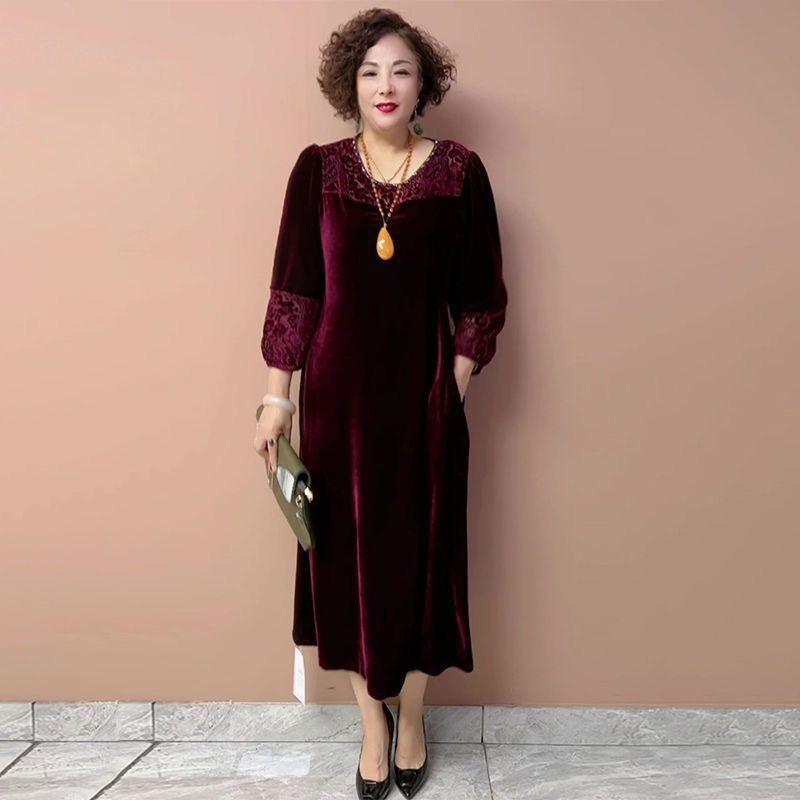 

High-end Women s Plus Size Dress Long Gold Velvet Dress Crochet Loose A-line Silk Dress Autumn Winter 6XL вина червоного кольору