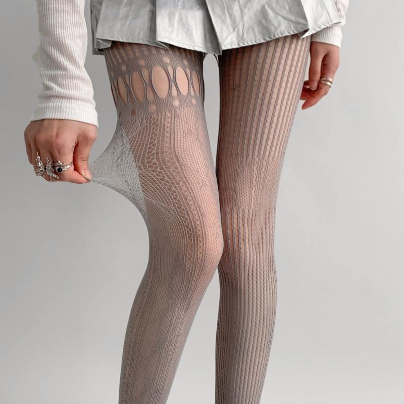 Women's Aesthetic Irregular Fishnet Tights Hollowed Mesh Stockings Heart Striped Patterned Lace Sheer Pantyhose Lingerie
