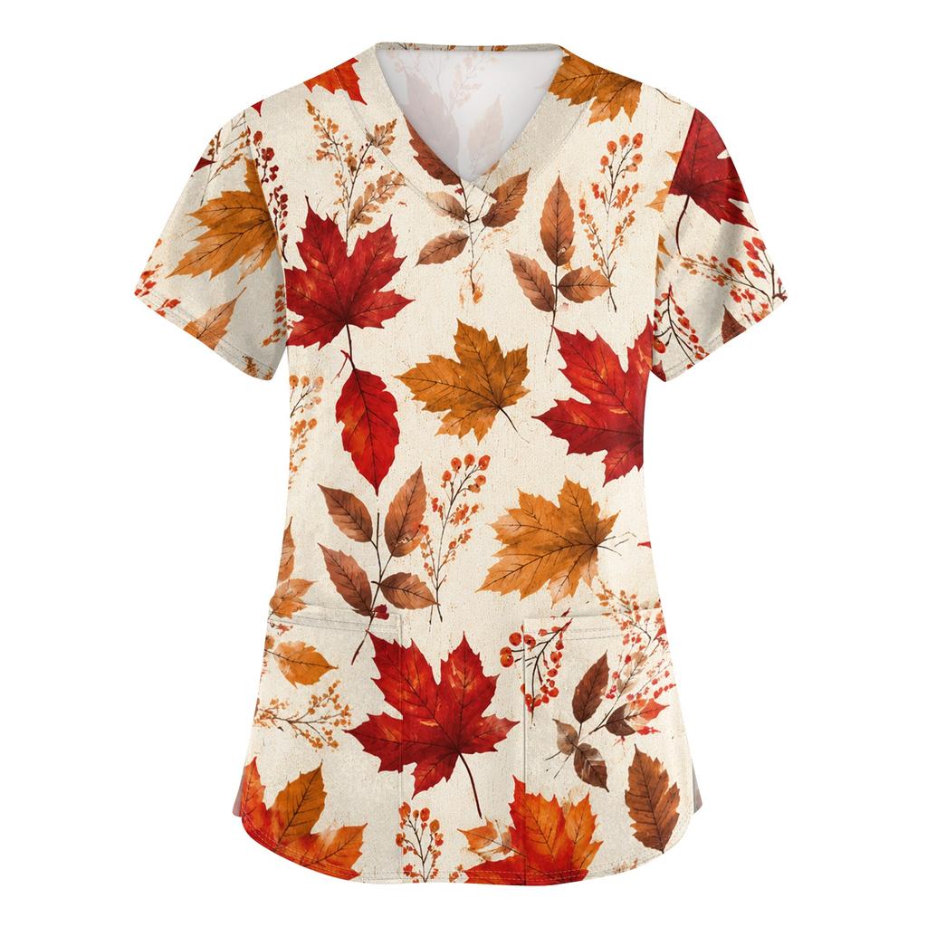 Women's V-Neck Short Sleeve Scrub Top with Pockets Maple Leaf Print Side Slit Caregiver Uniform