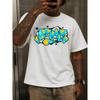 European Sizes Men's White Retro Graffiti T-Shirt - Turquoise Blue & Mustard Yellow Streetwear Tee with Turquoise Graffiti Print