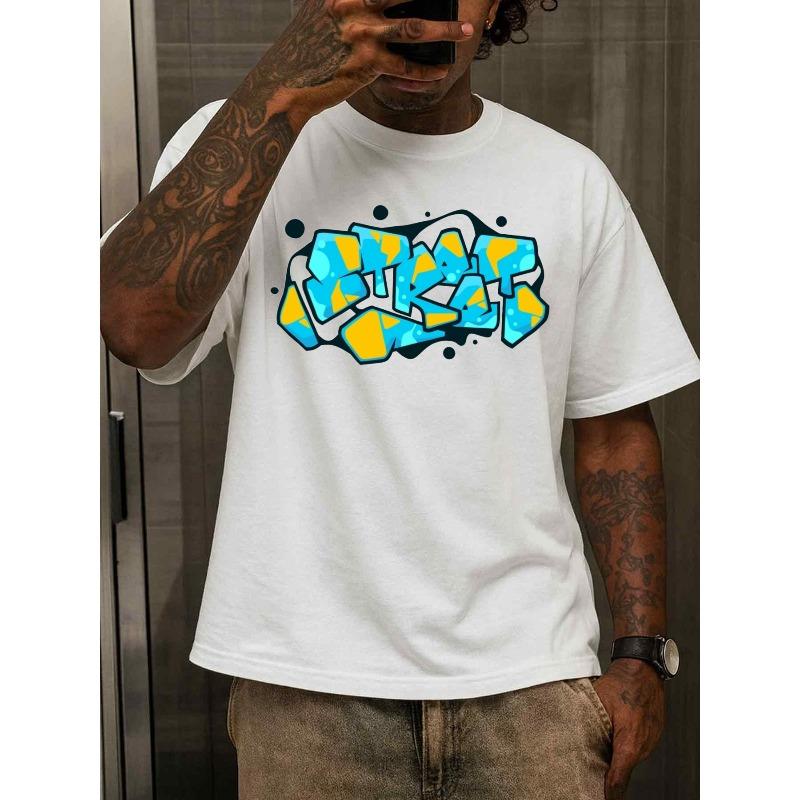 European sizes Men s White Retro Graffiti T-Shirt - Turquoise Blue & Mustard Yellow Streetwear Tee with Turquoise Graffiti Print S