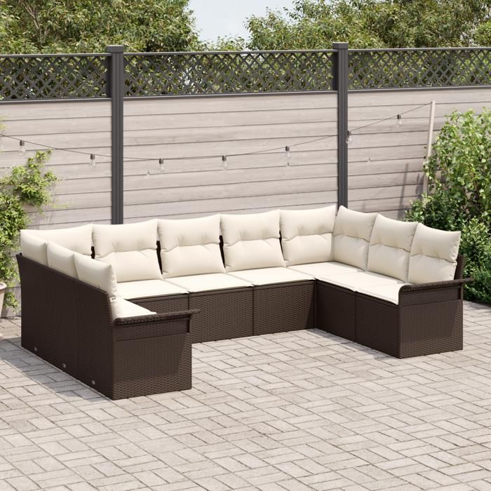 Set de Canapés de Jardin 9 Pièces avec Coussins en Poly Rotin Marron, Canapé de Jardin 2 Places avec Rangement &amp; Coussins 3354187