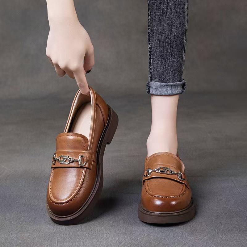 Leather retro one-pedal lazy shoes women's thick heel single shoes new small leather shoes flat bottom