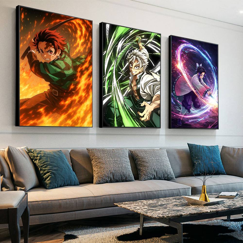 Japanese Anime Demon Slayer Self-adhesive Art Poster Retro Kraft Paper Sticker DIY Room Bar Cafe Stickers Wall Painting