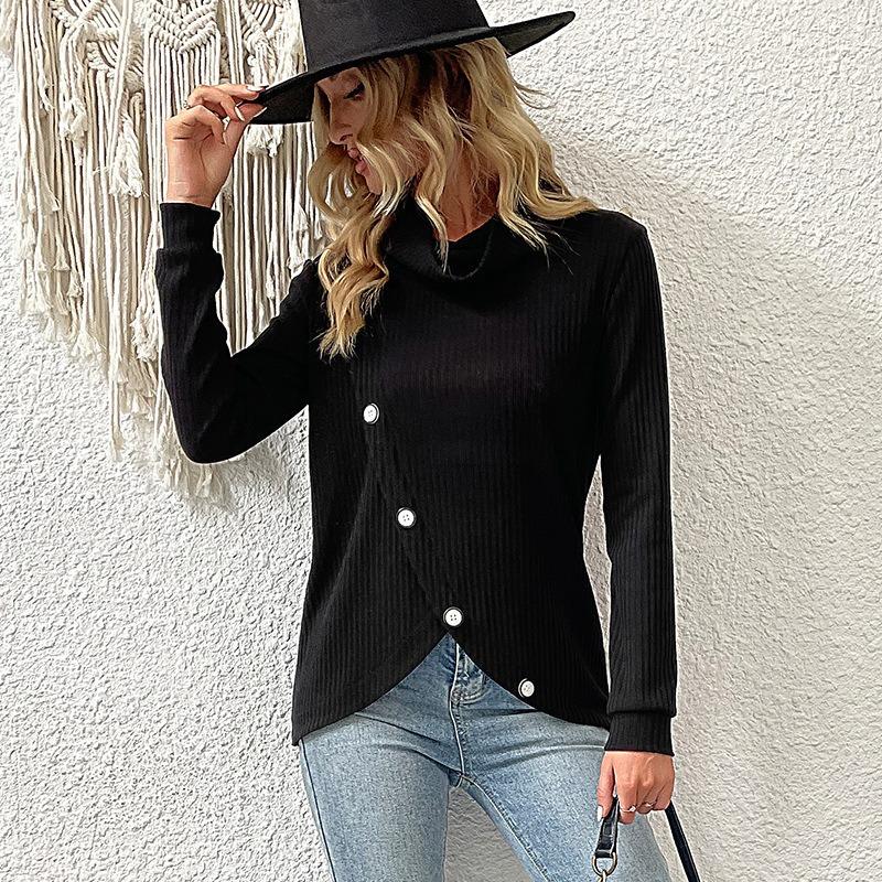 Women S Long Sleeve Knit Pullover Top Mock Neck Solid Color Irregular Hem