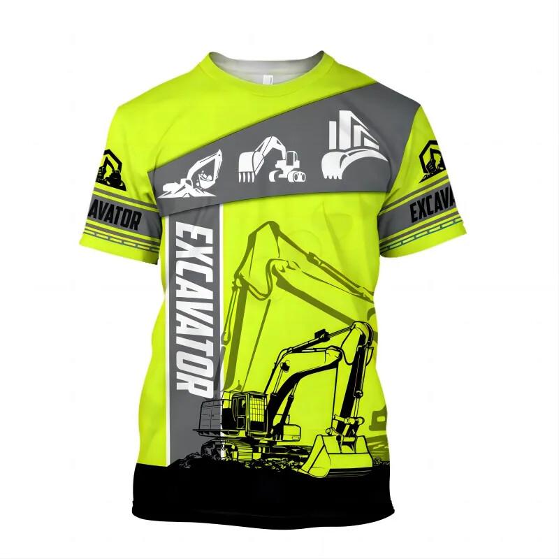 Bagger 3D-Druck T-Shirt für Herren Maschinenführer Streifen Kurzarm Atmungsaktiv Locker T-Shirts Outdoor Sommer Arbeitskleidung