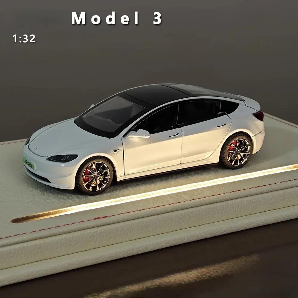 1:32 Tesla Model 3 Alloy Car Model Simulation Sound And Light Pull Back Toy Car Metal Car Boys Collection Ornaments Gift