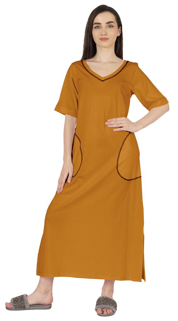 Inkmeso Solid Long Nightgown For Womens V-Neck Loungewear Casual Sleep Dress With