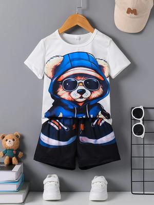 1-6 Year Old Boy's Summer Round Neck Pullover Cartoon Bear Print Short Sleeved Top and Shorts Set for Children's Clothing