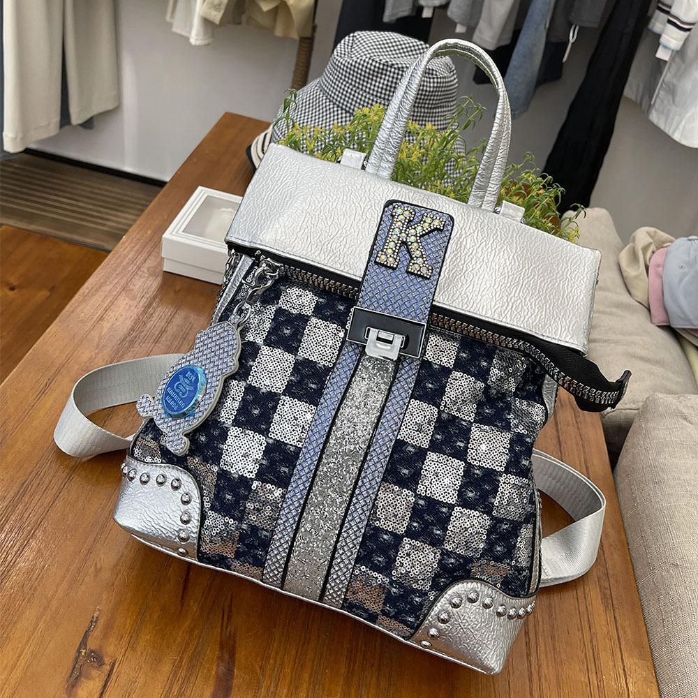 Джинсовый рюкзак в клетку с пайетками сумка через плечо женская сумка универсальный модный и персонализированный рюкзак на одно плечо синий 4198₽