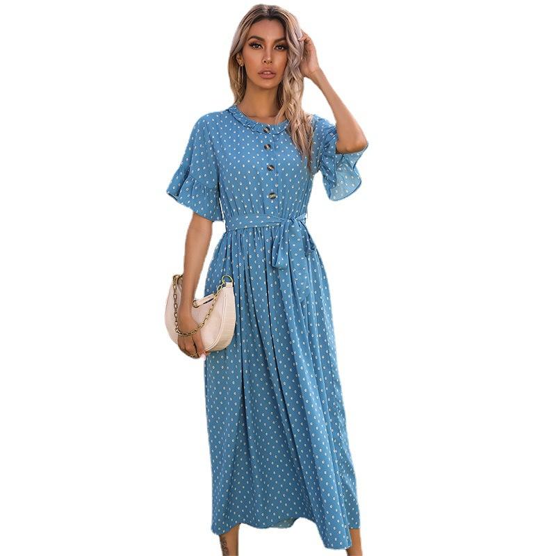 Summer Print Round Neck Ruffle Edge Short Sleeve Strap-up Black Polka Dot Dress